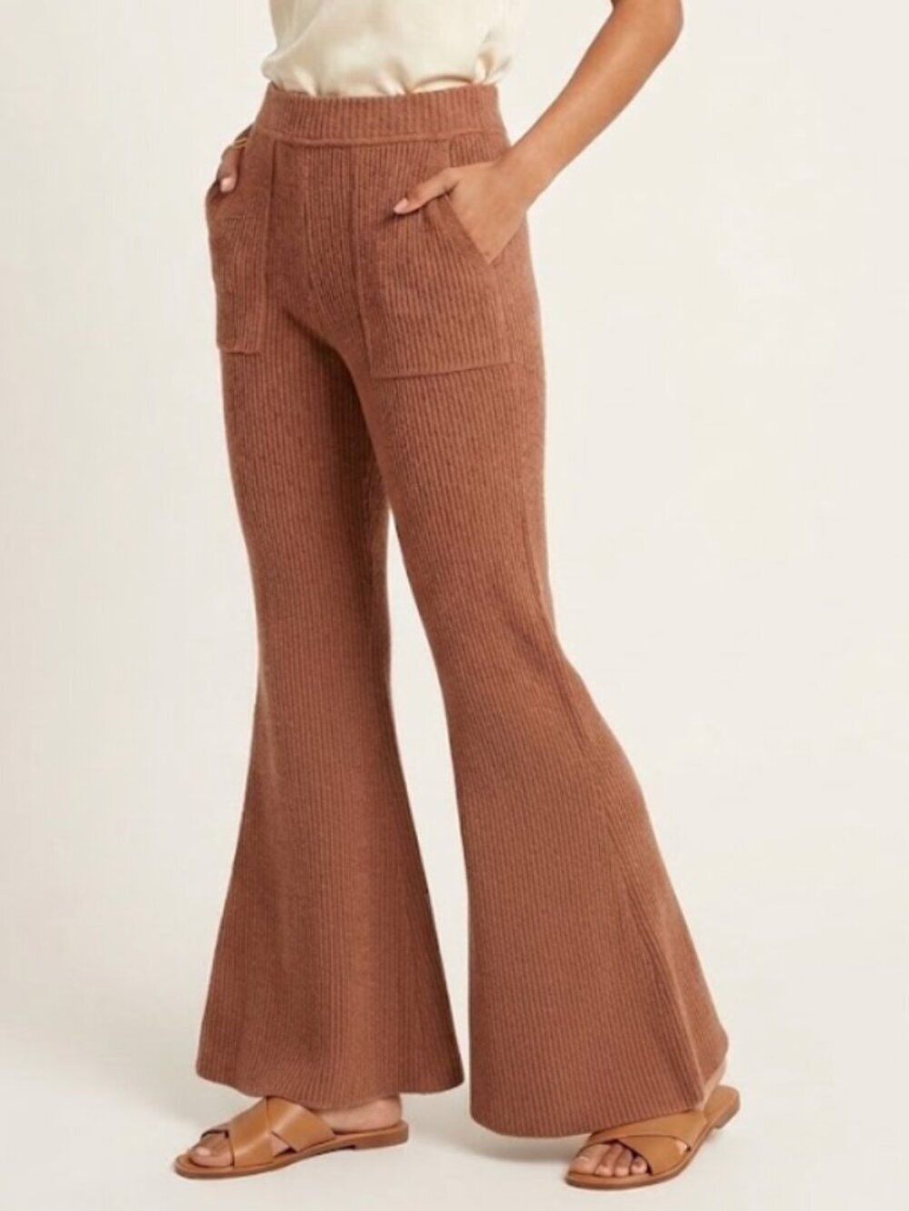 Athleta Medium Brown Cozy Fleece Flare Pants High Rise Wide Leg Lounge Trousers